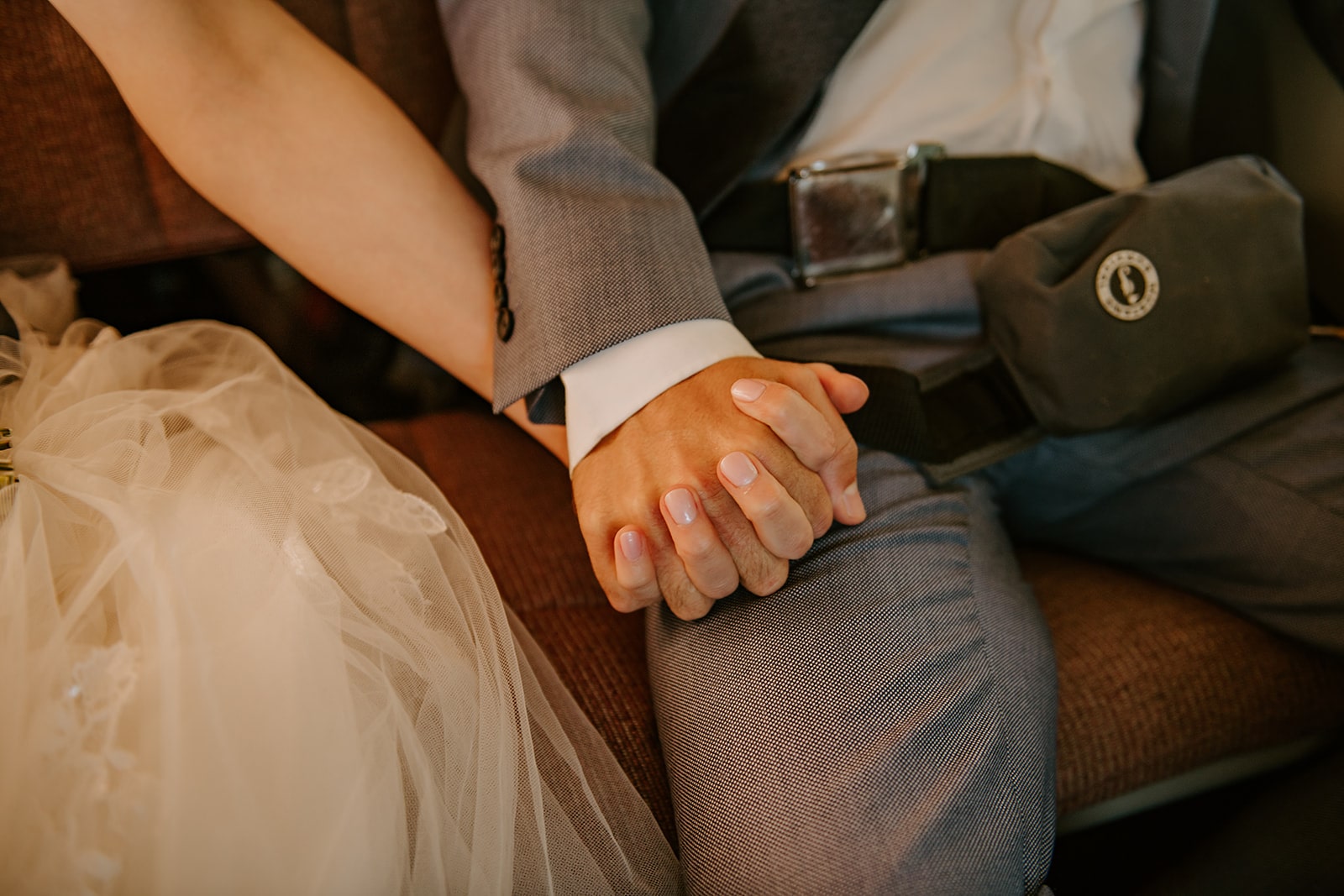 bride and groom in floatplane